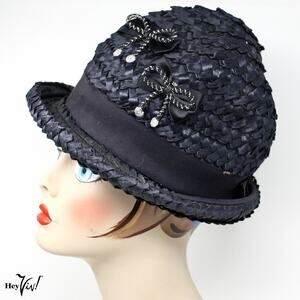 Vintage Black Woven Straw Hat Neiman Marcus with Rhinestone Bow Detail –Hey Viv
